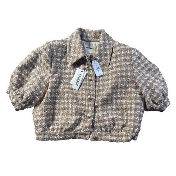 AUTH L'AGENCE Cove Cropped Tweed Jacket Coat Dark Cappuccino/Gold Multi US8 - Picture 2 of 7